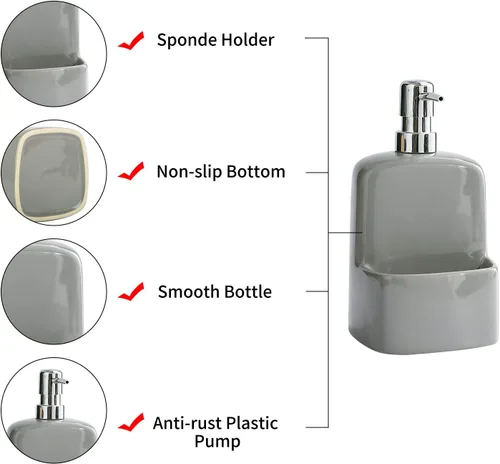 Vista 4 de Dispensador de jabón para platos, dispensador de jabón de cocina con soporte de esponja, dispensador de jabón de cerámica mate de 20 onzas para Gris