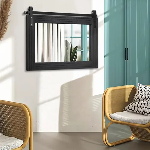 Vista 4 de AAZZKANG Espejo con marco de madera, estilo de puerta de granero, rectangular, decorativo, baño, dormitorio, tocador, decoración de pared del hogar