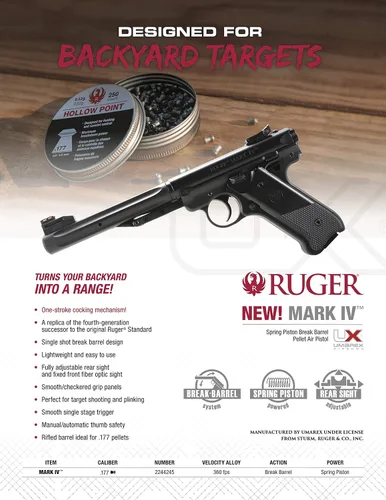 Vista 6 de Umarex Ruger Mark IV Break Barrel .177 Pistola de aire de pellets calibre 177