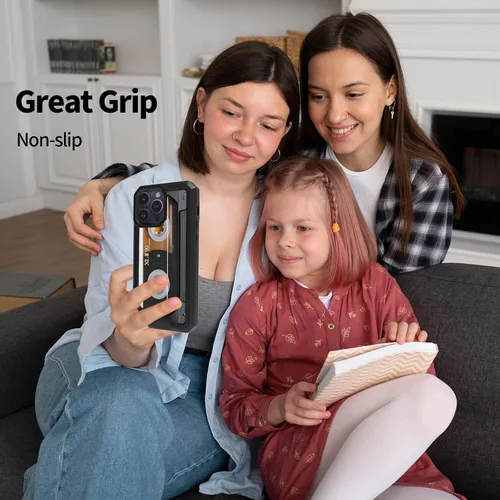 Vista 6 de Rossy Funda para iPhone 14 Pro Max con patrón de cinta de casete de audio para mujeres y hombres, 2 en 1, híbrida de doble capa, resistente, a