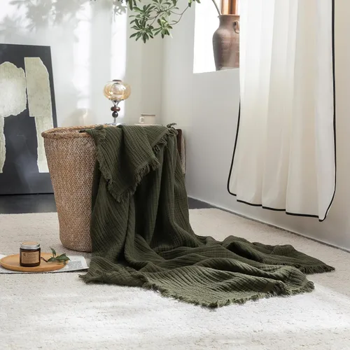 Vista 29 de FOSSA Manta de Muselina con Flecos - Gasa de Algodón 100% de 4 Capas Súper Suave y Transpirable - Manta Decorativa Ligera y Refrescante para Cama