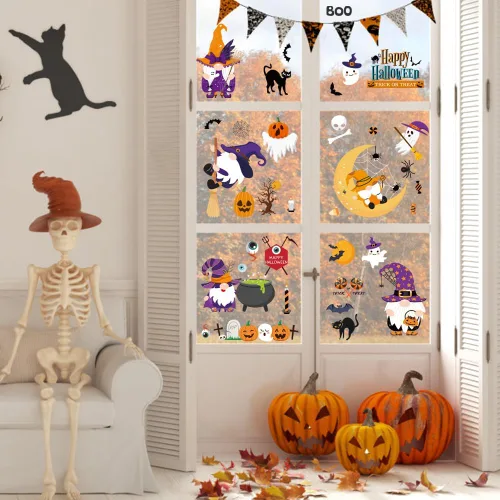 Vista 8 de AUAUY Decoración de ventana de Halloween, 9 hojas, 70 unidades, calcomanías para ventana, imágenes de ventana de doble cara con calabaza