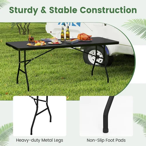 Vista 7 de GYMAX Mesa plegable de 6 pies, mesa de campamento portátil ligera con asa de transporte, fácil de plegar rectangular para interiores y exteriores