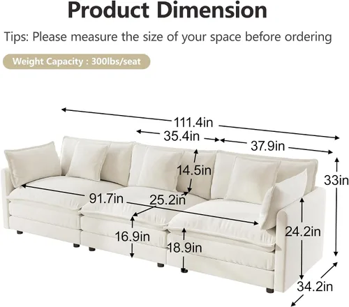 Vista 2 de Sofá modular de felpilla de 111.4 pulgadas, moderno juego de sofá de 3 asientos con asiento profundo, cómodo sofá nube con cojín de espuma doble