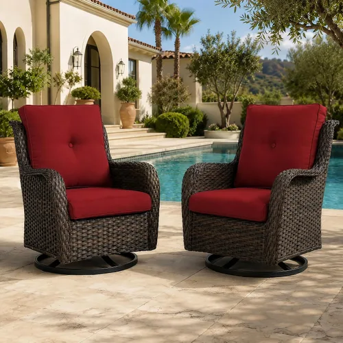 Vista 101 de HUMMUH Juego de 2 sillas giratorias de mimbre para patio, juego de muebles Café/Beige