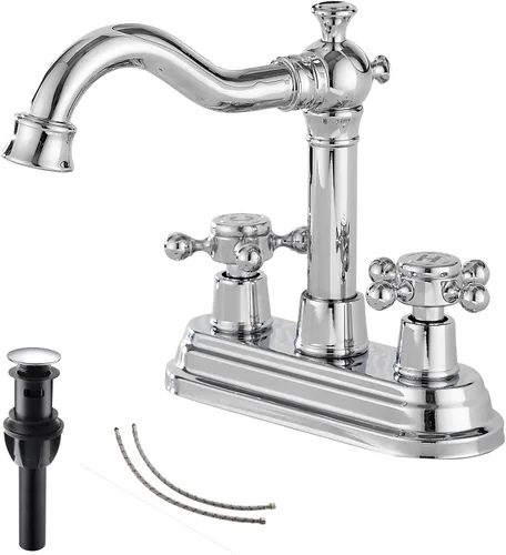 Vista 16 de Grifo de Baño GGStudy de Latón Antiguo de 2 Manijas de 4 Pulgadas Grifo Central de Tocador de Baño con Conjunto de Drenaje y Manguera de Suministro