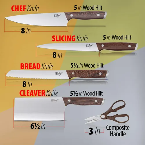 Vista 4 de Deco Chef Juego de cuchillos de cocina de 16 piezas de acero inoxidable con asas de madera, cuchillo de chef de 8 pulgadas, cuchilla de 6.5
