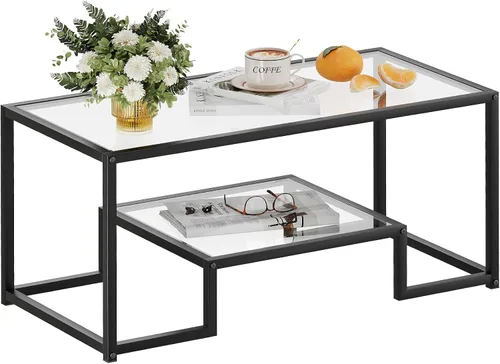Vista 11 de Wolawu Mesa de café Mesa de café de vidrio dorado para la sala de estar, mesa central rectangular de 2 niveles con marco de metal resistente, mesa