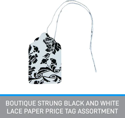 Vista 3 de SSWBasics Etiquetas de precio de papel de encaje blanco y negro con cuerda adjunta, 1