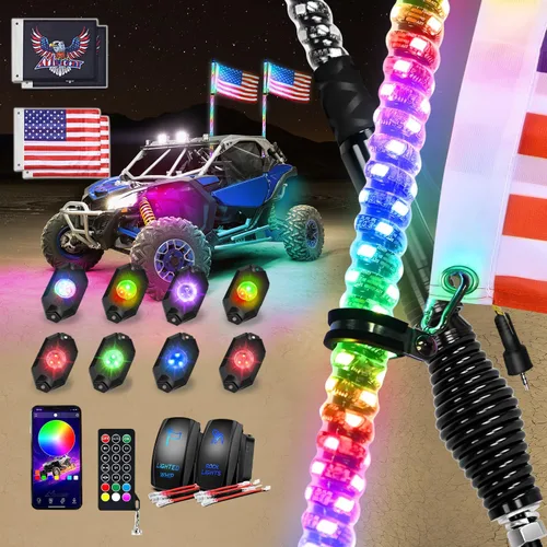Vista 25 de Nilight Luz LED para látigo, 1 antena COB RGB de 2 pies con base de resorte, aplicación Bluetooth y control remoto, patrones de persecución