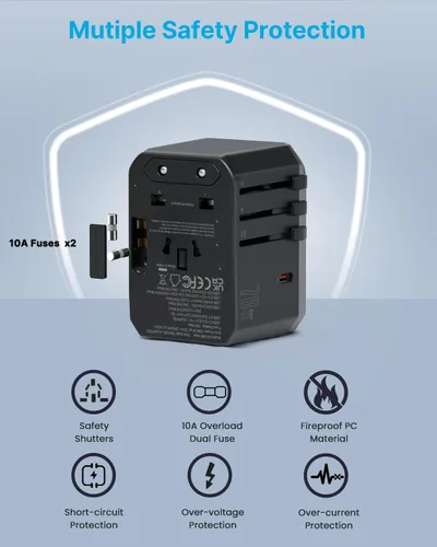 Vista 6 de VINTAR - Adaptador de viaje universal, adaptador de corriente internacional GaN de 70 W con 5 puertos USB (3 USB-C), adaptador de enchufe de viaje