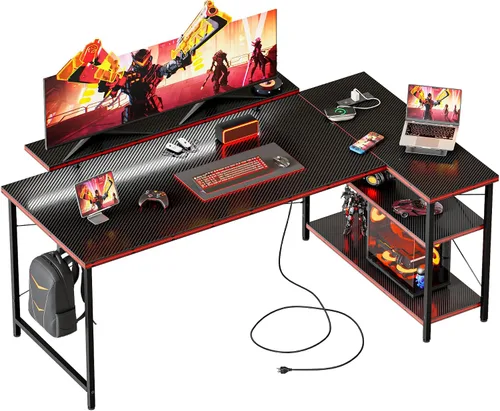 Vista 14 de Mericonia Escritorio pequeño en forma de L para computadora con tomas de corriente, escritorio de juegos para espacios pequeños, escritorio