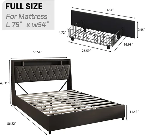 Vista 2 de Base de cama Queen con cabecera ergonómica, base de cama de plataforma tamaño Queen con tomas de corriente y cargador, marco de cama de metal