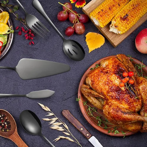 Vista 7 de Juego de cubiertos de acero inoxidable de 45 piezas para 8 personas con utensilios para servir, incluye tenedor, cuchillo, cuchara, cubiertos