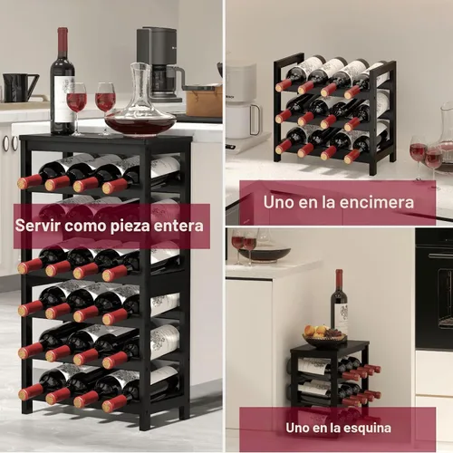 Vista 5 de MOGELAFOO Estante de vino de bambú de 6 niveles independiente, 24 estantes de almacenamiento de vino con mesa, estante apilable de exhibición