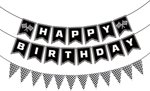 Vista 5 de Cartel de cumpleaños de coche de carreras, pancarta de feliz cumpleaños a cuadros, decoraciones de fiesta de autos de carreras, fiesta temática