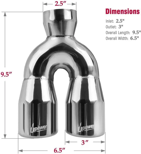 Vista 10 de Upower punta de escape doble de 2.5" a 3" con entrada de 2 1/2 pulgadas, salida de 3 pulgadas, 9.5" de largo, tubo de escape soldado con puntas