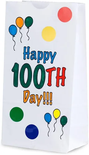 Vista 2 de Hygloss Productos Bolsas de papel Happy 100th Day, paquete de 25, blancas 25