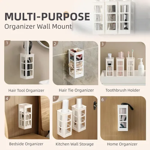 Vista 6 de Juego de 2 organizadores de herramientas para el cabello para montaje en pared, organizador de herramientas de pelo de baño colgante para rizador