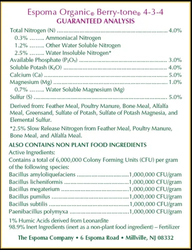 Vista 4 de Espoma Organic Berry-Tone 4-3-4 Fertilizante natural y orgánico y alimento vegetal para todas las bayas. Bolsa de 4 libras. Uso para plantar