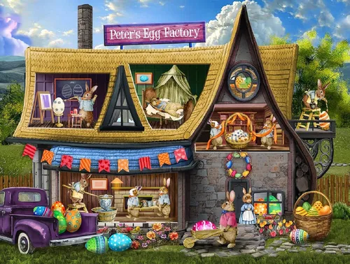 Vista 3 de SUNSOUT INC - Peter's Egg Factory - Rompecabezas de 300 piezas por artista: Tom Wood - Tamaño acabado 18" x 24" Pascua - MPN # 29830