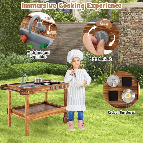 Vista 2 de Costzon Cocina de barro, cocina de juego al aire libre con fregadero, grifo, estufas y accesorios de cocina, estante de almacenamiento, carrito