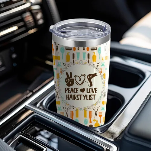 Vista 4 de Vaso de 20 onzas con tapa y pajita, regalo de graduación, peluquero, viaje, esteticista (Tumbler-Peace Hairstylist)