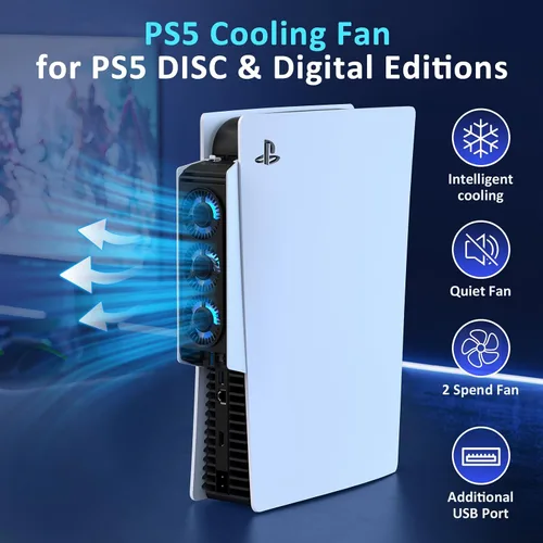 Vista 2 de PS5 Cooling Fan, IINE Quiet Cooler Fan with LED LightAuto Temperature SensorUSB3.0 Hubs, Cooling Accessories Compatible with PS5 Digital Edition or