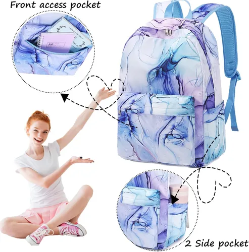 Vista 5 de Jumpopack Mochila escolar para adolescentes y niñas, mochila con lonchera, mochilas para niños para escuela primaria, bolsa de libros (azul mármol)