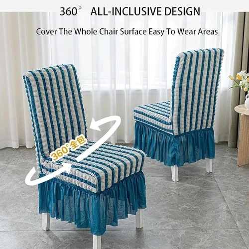 Vista 4 de Paquete de 2 fundas elásticas universales para sillas de comedor con falda, funda minimalista moderna para silla de sirsaca tridimensional, funda