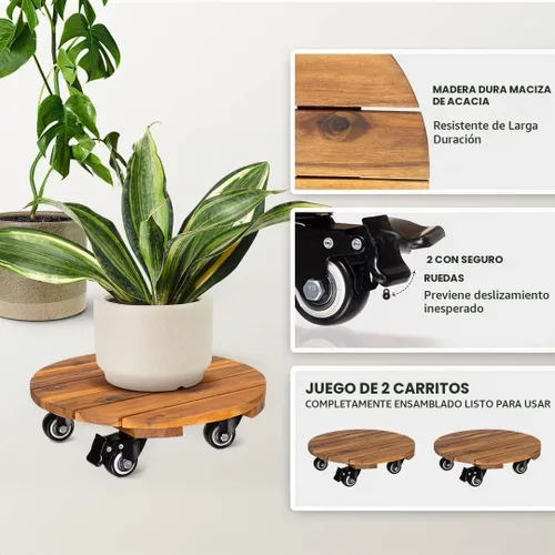 Vista 2 de IDZO - Paquete de 2 cajas de madera de 12 pulgadas con ruedas, resistente, capacidad de 264 libras, plataforma de madera dura de acacia, soporte