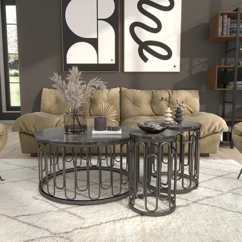 Vista 7 de Furniture of America Davis - Juego de mesa moderno de 3 piezas con parte superior de mármol, patas de metal resistentes y estante abierto para sala
