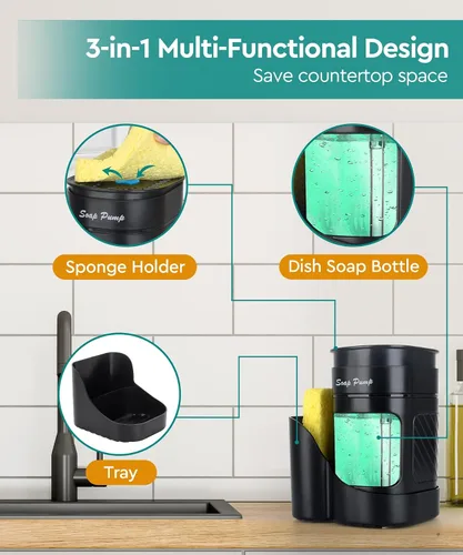 Vista 2 de Dispensador de jabón para platos 3 en 1 con soporte de esponja para fregadero de cocina (incluye una esponja), juego de dispensador de jabón de Negro