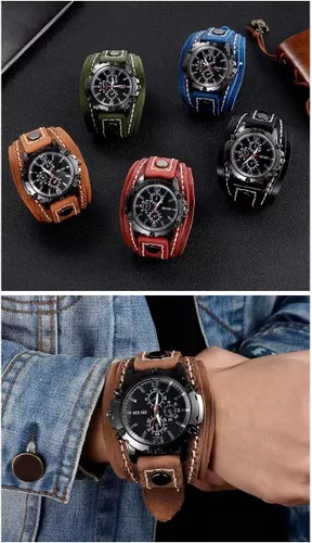 Vista 4 de MINILUJIA Hecho a mano cosido con cuerda de cera para hombre, relojes vintage punk hiphop gótico ancho de cuero genuino brazalete redondo de cuarzo