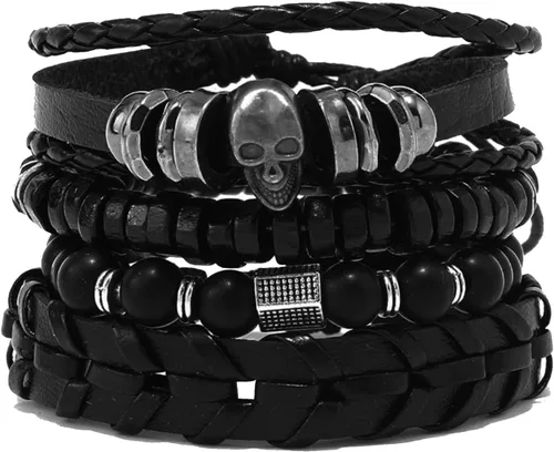 Vista 2 de Punk Leather Bracelet for Men Women Leather 8-10 PCS Braided Cuff Bracelet Multilayer Leather Bracelet A-01