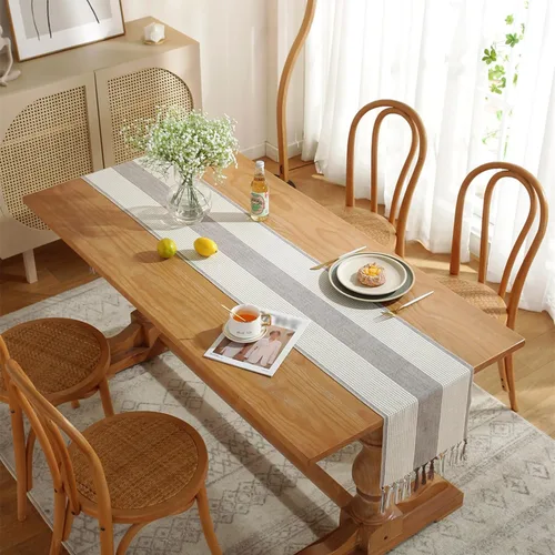 Vista 3 de Hsvanyr Camino de mesa gris rústico rectangular con exquisita borla para cocina, comedor, picnic, mesa de café, 13 x 63 pulgadas, a prueba de polvo