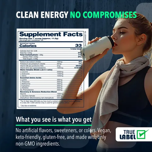 Vista 5 de NF Sports Amino natural. Aminoácidos BCAA 2:1:1 en polvo. Polvo de preentrenamiento BCAA Energy para recuperación muscular. Apto para dieta