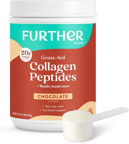 Vista 10 de Further Food Polvo de péptidos de colágeno de chocolate con hongo Reishi, 100% alimentado con pasto, hidrolizado tipo 1 y 3, 0.71 oz de colágeno por