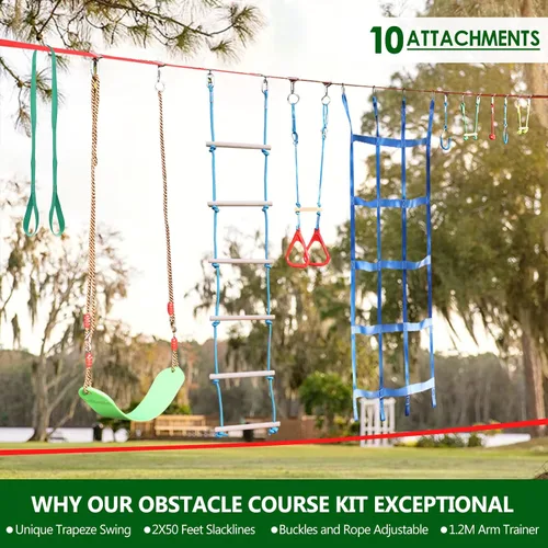 Vista 2 de Dripex - Carrera de obstáculos ninja warrior de 50 pies para niño con accesorios completos, columpio, trapecio, escalera de cuerda, red
