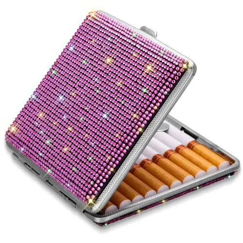 Vista 10 de SAVORI Estuche de cigarrillos para mujeres y hombres, soporte de cigarrillos de metal con cristales brillantes de doble cara, caja de cigarrillos AB