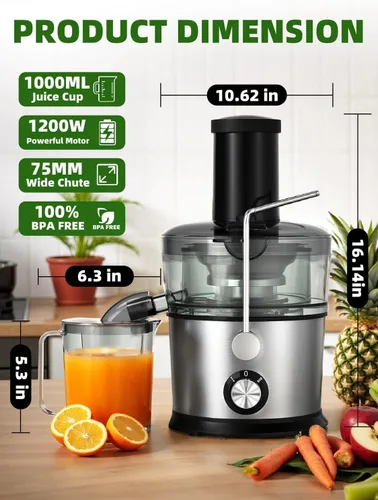 Vista 9 de Máquinas exprimidoras, extractor centrífugo de 1200 W con canal de alimentación de 3 pulgadas, velocidades dobles, motor de cobre completo