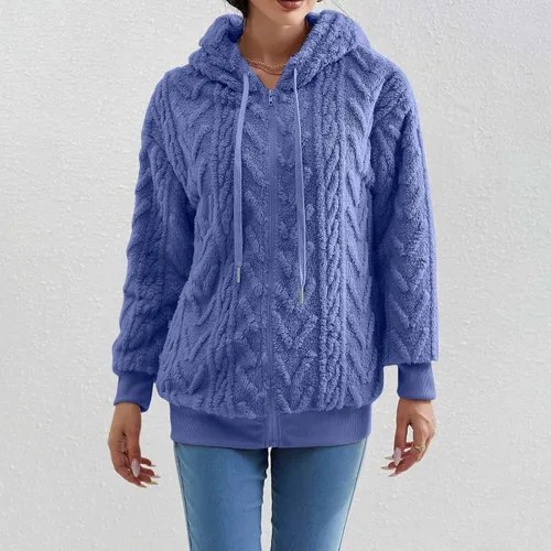 Vista 2 de BLUBUKLKUN Sudadera con capucha de forro polar Sherpa para mujer, con cremallera, casual, holgada, color sólido, suéter acanalado