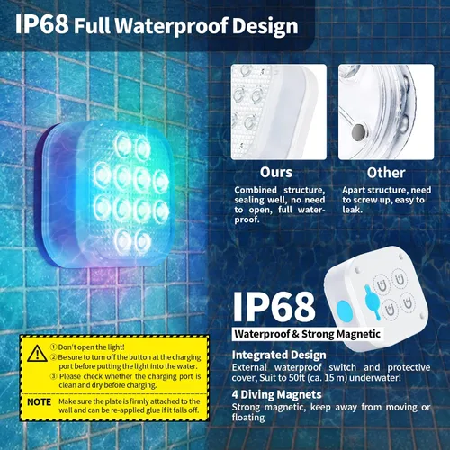 Vista 5 de Homly Luces sumergibles recargables para piscina con control remoto, carga subacuática impermeable, funciona con pilas, 16 luces LED que cambian