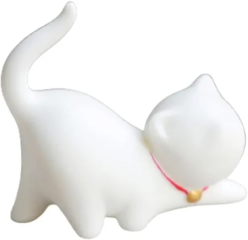 Vista 4 de DMtse Estatua de gato de cerámica de porcelana blanca hecha a mano para adornos para el hogar, tamaño de palma para permanecer en tu mano, regalo