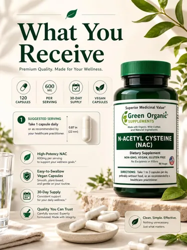 Vista 8 de Suplementos orgánicos verdes N-acetil cisteína (NAC) 700 mg Apoya la producción de glutatión, actividad antioxidante y salud celular 90 cápsulas
