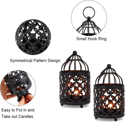 Vista 7 de JHY DESIGN 6 portavelas de metal pequeño de 5.5 pulgadas de altura para colgar en jaula de pájaros, farol de té huecos, portavelas huecos para mesa