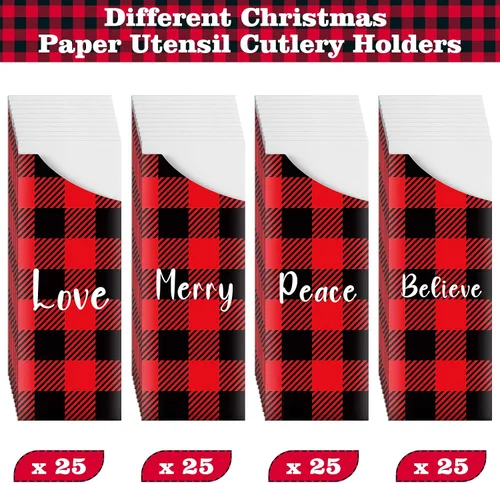 Vista 3 de Roowest 100 bolsas de cubiertos de Navidad desechables, soporte para cubiertos de papel de Navidad, bolsas para Navidad, hogar, boda, fiesta