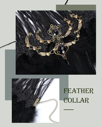 Vista 4 de Collar gótico de plumas negras gargantilla de plumas victorianas para mujer, collar de plumas para Halloween, collar de cosplay