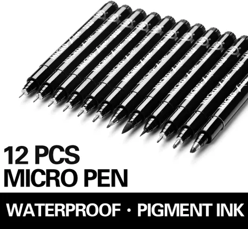 Vista 3 de Juego de 12 bolígrafos negros de tinta de punta fina, tinta archival impermeable, para bocetos, letras de pincel, ilustración de artista, dibujo