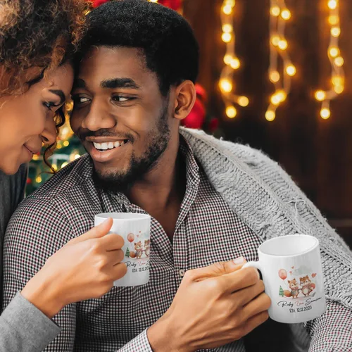 Vista 4 de Taza de café personalizada con diseño de zorro de 11 onzas, 15 onzas, divertida taza de viaje para pareja de zorros, taza de té con nombre y fecha